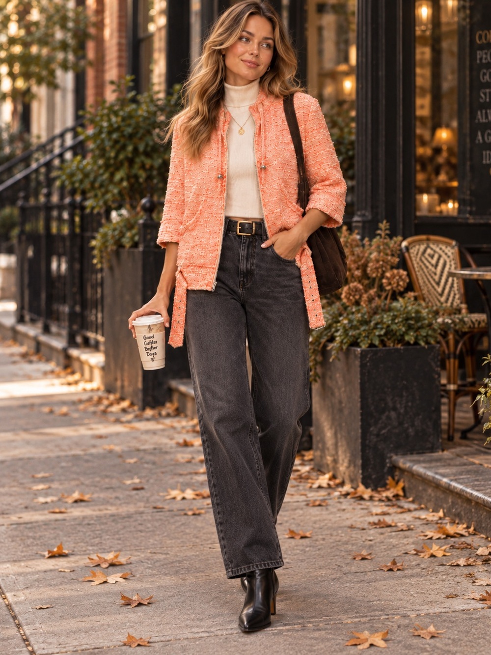 Jonathan Simkhai Tweed Boucle Jacket XS Orange Zip Drawstring